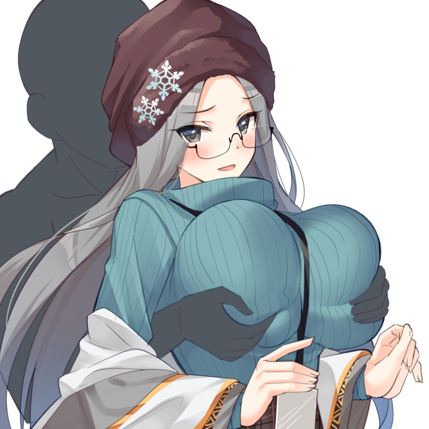 1boy aqua_sweater azur_lane beanie blush breasts brown_headwear commentary duplicate female forehead glasses grabbing grabbing_another's_breast grey_eyes grey_hair hat large_breasts long_hair looking_at_viewer official_alternate_costume open_mouth parted_bangs pixel-perfect_duplicate ribbed_sweater semi-rimless_eyewear shangri-la_(azur_lane) shangri-la_(utopia's_collector)_(azur_lane) shawl simple_background smile snowflake_pin straight super_nagoyaka sweater turtleneck turtleneck_sweater white_background