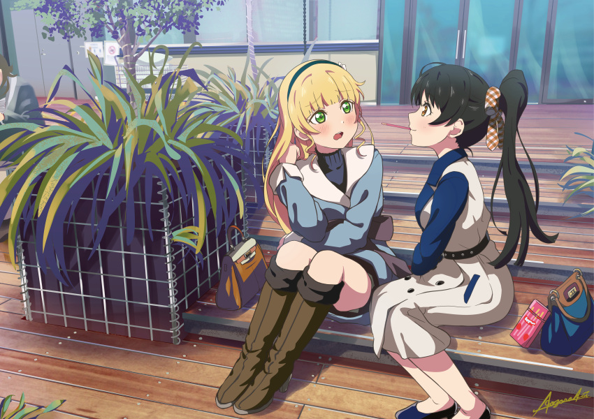 2girls absurdres al_aoi_aoba bag black_hair blonde_hair blunt_bangs blush dress embarrassed food furrowed_brow green_eyes green_hairband hairband handbag hazuki_ren heanna_sumire highres jacket knees_up long_hair love_live! love_live!_superstar!! mouth_hold multiple_girls open_mouth plant pocky ponytail shoes shy sitting stairs strawberry_pocky sweater tree turtleneck turtleneck_sweater yellow_eyes yuri