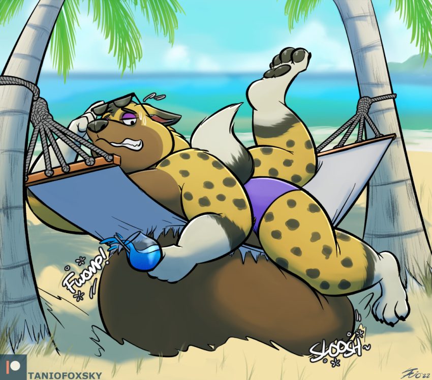 4_fingers 4_toes animal_crossing anthro beach belly belly_on_ground beverage big_belly black_pawpads bodily_fluids brown_belly canid canine canis clothing detailed_background ears_down eyewear feet fingers fur hammock holding_beverage holding_object huge_belly hyper hyper_belly kyle_(animal_crossing) lidded_eyes looking_at_belly looking_down_at_self lying male mammal motion_lines nintendo on_front onomatopoeia overweight overweight_anthro overweight_male palm_tree pawpads pivoted_ears plant purple_clothing purple_speedo purple_swimwear seaside sloshing_belly solo sound_effects speedo spots sunglasses sweat sweatdrop swimwear tanio teeth text toes tree wolf yellow_body yellow_fur