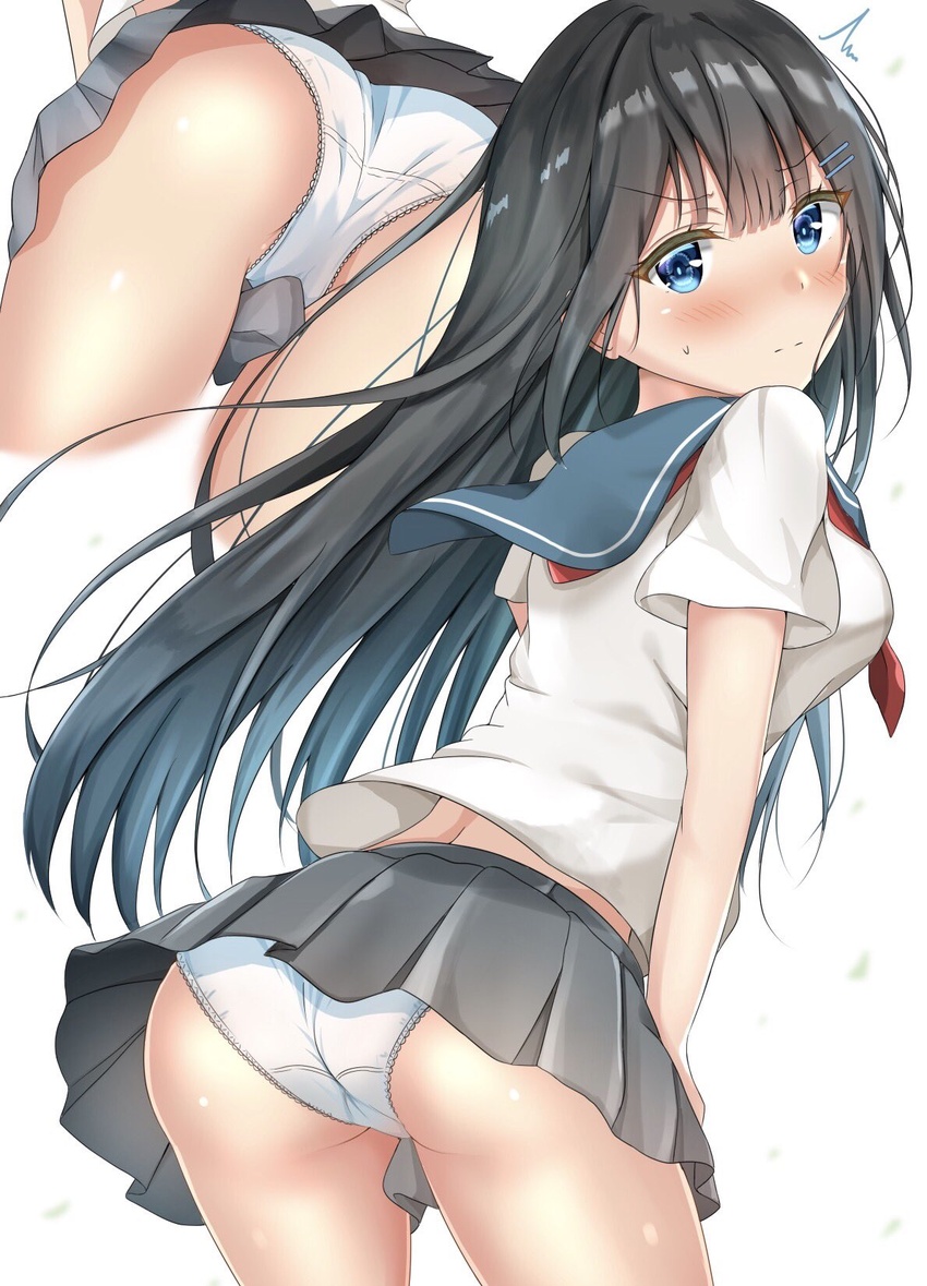 ass black_hair blue_eyes blue_hair blush close-up closed_mouth embarrassed female gradient_hair grey_skirt hair_ornament hairclip highres long_hair midriff_peek miniskirt multicolored_hair multiple_views original panties pleated_skirt red_ribbon ribbon sailor_collar school_uniform shiny_skin shirt simple_background skirt standing sunsun2812 sweat two-tone_hair underwear white_background white_panties white_shirt