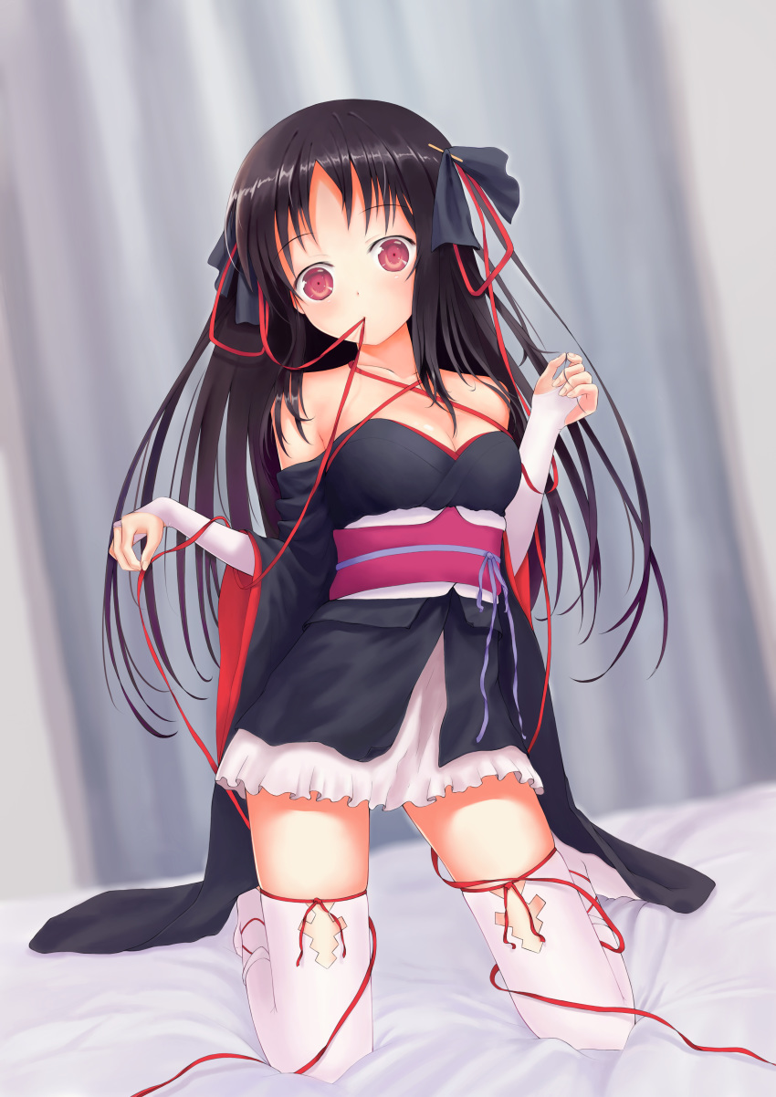 absurdres bare_shoulders black_hair female highres japanese_clothes kimono kimono_skirt looking_at_viewer machine-doll_wa_kizutsukanai red_eyes ribbon short_kimono solo sombernight white_legwear yaya_(machine-doll)