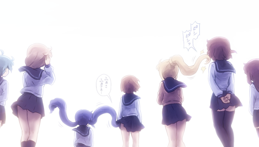 6+girls ahoge arms_behind_back black_legwear black_sailor_collar black_skirt blonde_hair brown_hair brown_sweater character_request commentary_request facing_away from_behind hair_ornament hair_scrunchie inose_mai kneehighs koisuru_asteroid konohata_mira long_hair manaka_ao morino_mari multiple_girls own_hands_together pleated_skirt ponytail prehensile_hair purple_hair revision sailor_collar sakurai_mikage school_uniform scrunchie serafuku shirosato shirt simple_background skirt socks sweater thighhighs translation_request twintails very_long_hair white_background white_shirt yellow_scrunchie