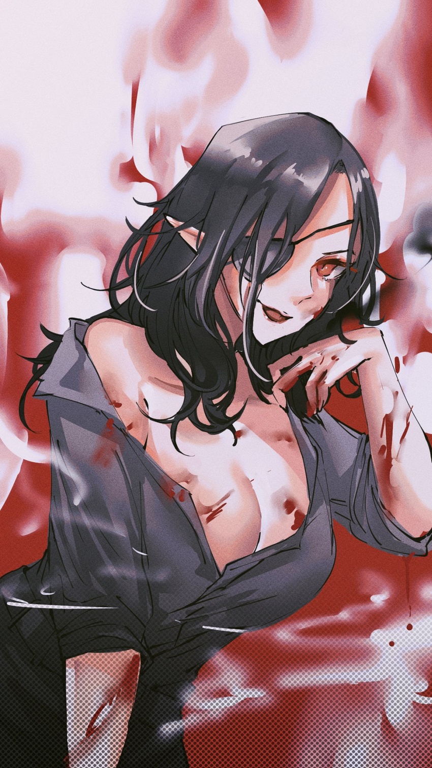 bad_id bad_twitter_id blood blood_on_arm blood_on_face borrowed_character breasts brown_eyes cleavage collared_shirt commentary english_commentary eyepatch female grey_shirt hideko_(hyde_(tabakko)) highres leaning_forward looking_at_viewer medium_breasts off_shoulder one_eye_covered open_mouth original pointy_ears red_eyes set7 shirt solo