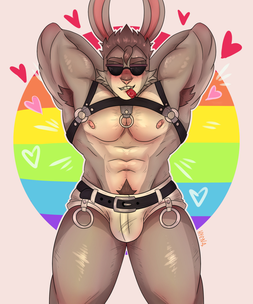 absurd_res anthro armpit_hair body_hair bottomwear bulge chains clothing condom condom_in_mouth eyewear fur glasses grey_body grey_fur hairy harness hi_res hugetherabbit lagomorph leporid lgbt_pride lgbt_pride_month male mammal moschythehyena mouth_hold muscular object_in_mouth pecs pride_color_background pride_colors pubes rabbit rainbow_pride_colors sexual_barrier_device shorts simple_background six-stripe_rainbow_pride_colors solo unused_condom white_body white_fur wrapped_condom