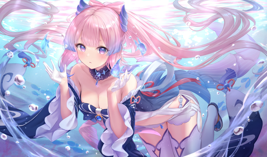 air_bubble bare_shoulders blue_dress blush breasts bubble cleavage detached_collar dress female genshin_impact highres kachayori long_hair long_sleeves looking_at_viewer medium_breasts navel open_mouth pink_hair ponytail purple_eyes sangonomiya_kokomi short_shorts shorts sidelocks solo thighhighs underwater very_long_hair white_shorts white_thighhighs wide_sleeves