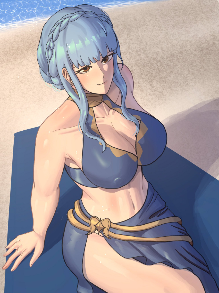 beach bikini blue_hair blush braid breasts brown_eyes cleavage collarbone covered_nipples crown_braid female fire_emblem fire_emblem:_three_houses fire_emblem_heroes highres large_breasts marianne_von_edmund midriff navel official_alternate_costume redfushsia sarong sidelocks sitting smile solo swimsuit towel