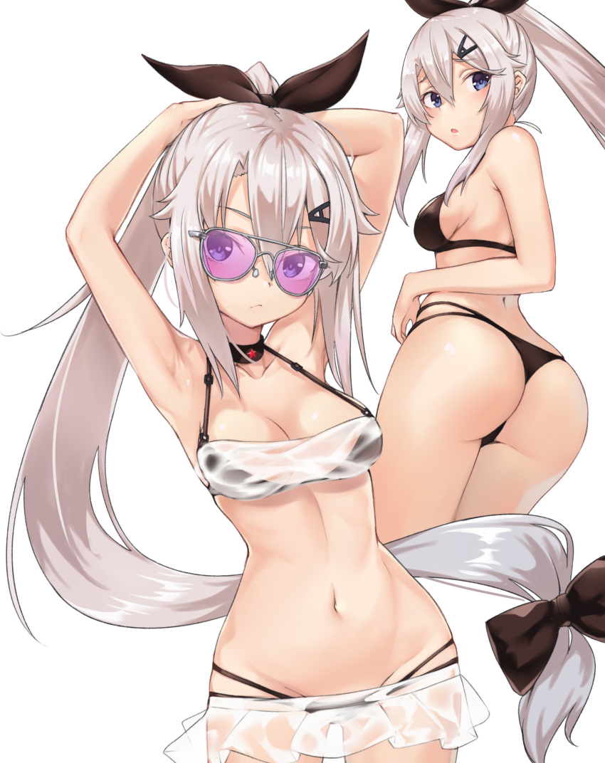 9a-91_(girls'_frontline) :o absurdres armpits arms_behind_back arms_up ass bikini bikini_skirt black_bikini black_bow black_ribbon blue_eyes bow breasts cleavage collarbone female girls'_frontline grey-framed_eyewear grey_hair groin hair_ornament hair_ribbon hairbow hairclip high_ponytail highres ivan_wang long_hair looking_at_viewer looking_back medium_breasts multiple_views navel parted_lips photoshop_(medium) pink-tinted_eyewear ribbon see-through sideboob sidelocks simple_background stomach sunglasses swimsuit tinted_eyewear very_long_hair white_background