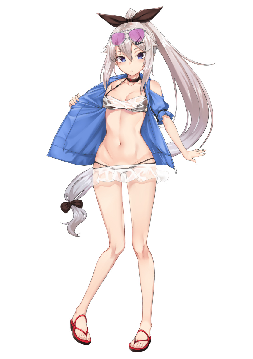 9a-91_(girls'_frontline) absurdres bare_legs bikini bikini_skirt black_bikini black_bow black_choker black_ribbon blue_eyes blue_jacket blush bow breasts choker cleavage closed_mouth clothing_cutout collarbone commentary_request expressionless eyewear_on_head female full_body girls'_frontline grey-framed_eyewear grey_hair hair_ornament hair_ribbon hairbow hairclip high_ponytail highres ivan_wang jacket long_hair looking_at_viewer medium_breasts navel open_clothes open_jacket photoshop_(medium) pink-tinted_eyewear red_footwear ribbon ribbon-trimmed_sleeves ribbon_trim sandals see-through short_sleeves shoulder_cutout sidelocks simple_background solo standing stomach sunglasses swimsuit tinted_eyewear undressing v-shaped_eyebrows very_long_hair white_background