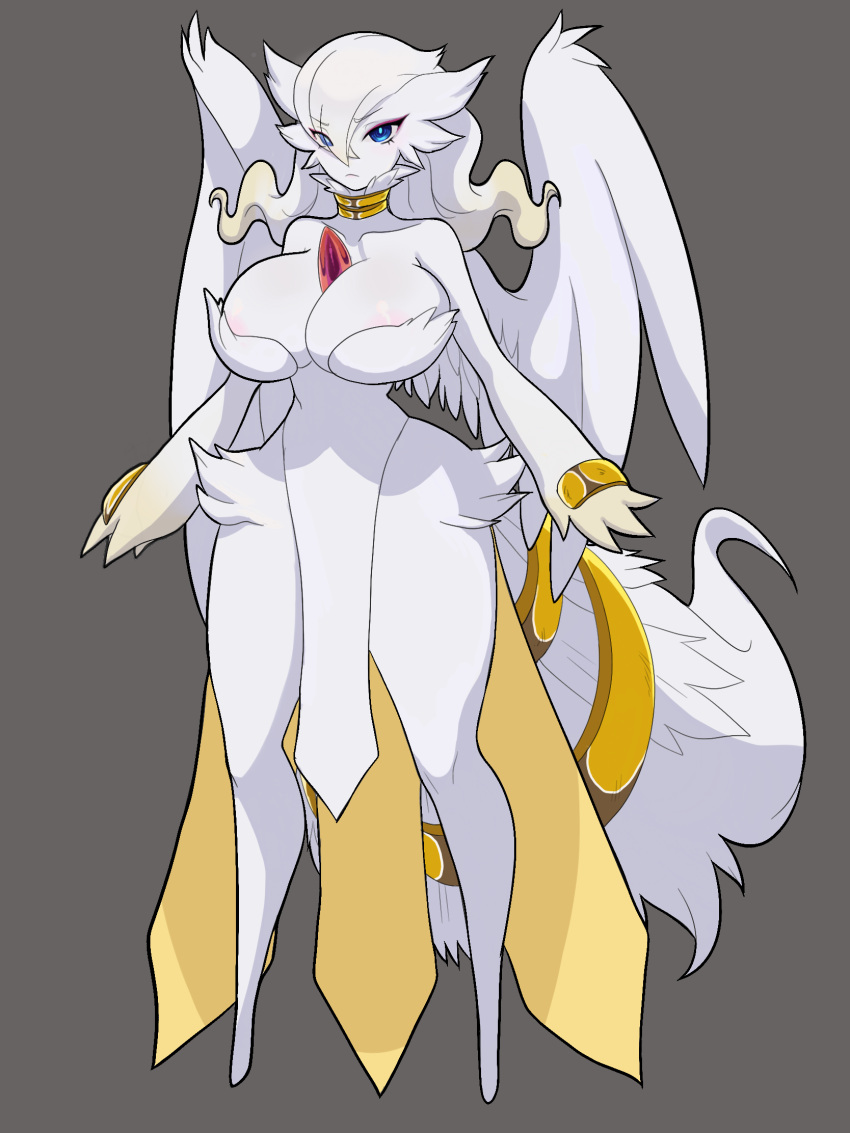 2023 3:4 4_fingers anthro areola areola_slip big_breasts blue_eyes breasts collar eye_through_hair featureless_feet feet female fingers fluffy fluffy_tail fusion gardevoir generation_3_pokemon generation_5_pokemon gold_(metal) gold_jewelry grey_background hair hi_res jewelry legendary_pokemon nintendo not_furry pokemon pokemon_(species) pokemon_fusion reshiram simple_background solo tail thick_thighs translucent translucent_hair tuft white_body white_hair zacianswords