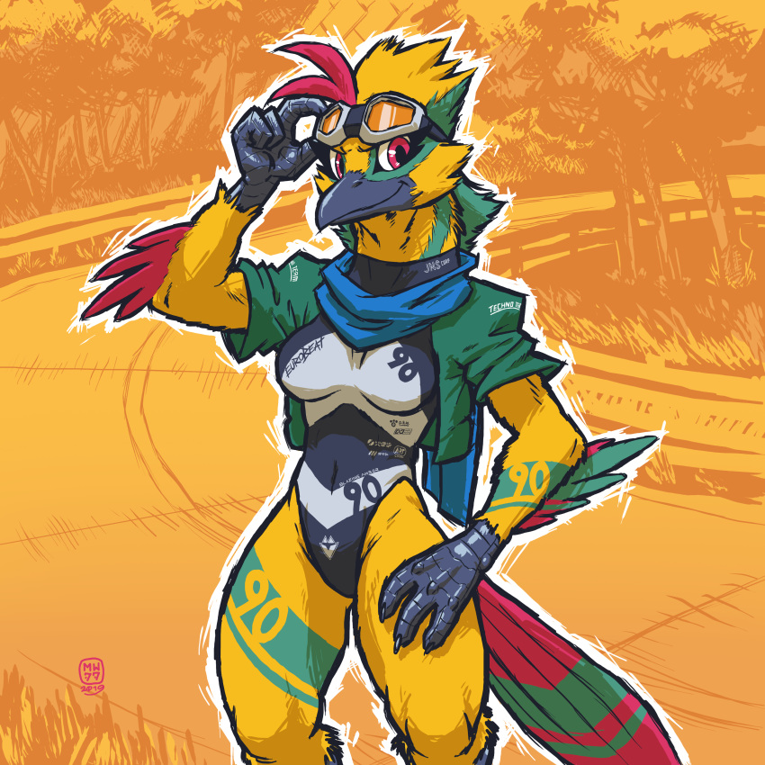 1:1 2019 absurd_res anthro avian beak bird blazing_amber breasts clothed clothing clothing_over_leotard feather_tuft feathers female green_clothing hand_on_hip hi_res leotard looking_at_viewer megawolf77 multicolored_body multicolored_feathers non-mammal_breasts scuted_arms scutes solo sports_leotard tail tail_feathers tuft