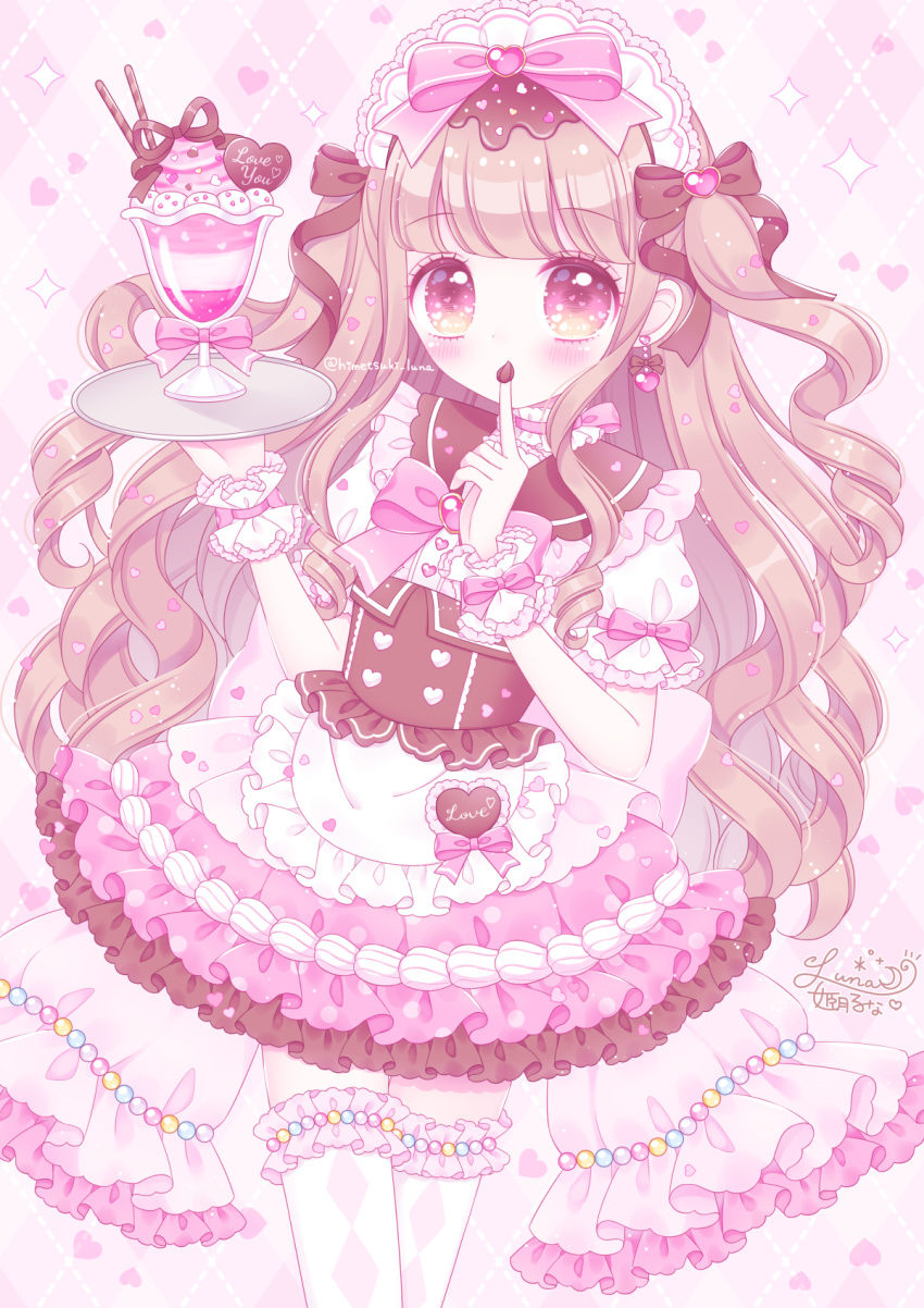 apron argyle_clothes argyle_thighhighs blush bow brown_hair commentary_request female food_on_hand frilled_apron frilled_thighhighs frills heart heart_background highres himetsuki_luna holding holding_tray long_hair looking_at_viewer original parfait pink_bow pink_eyes pink_skirt plaid plaid_background puffy_short_sleeves puffy_sleeves ringlets shirt short_sleeves signature skirt solo sparkle thighhighs tray twitter_username two_side_up very_long_hair waist_apron white_apron white_shirt white_thighhighs wrist_cuffs