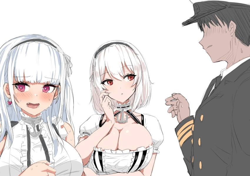 1boy 2girls anchor_choker azur_lane blush breasts choker cleavage commander_(azur_lane) commentary dido_(azur_lane) earrings frilled_choker frills hairband highres jewelry lace-trimmed_hairband lace_trim large_breasts multiple_girls open_mouth red_eyes sirius_(azur_lane) upanishi_mariko upper_body white_hair