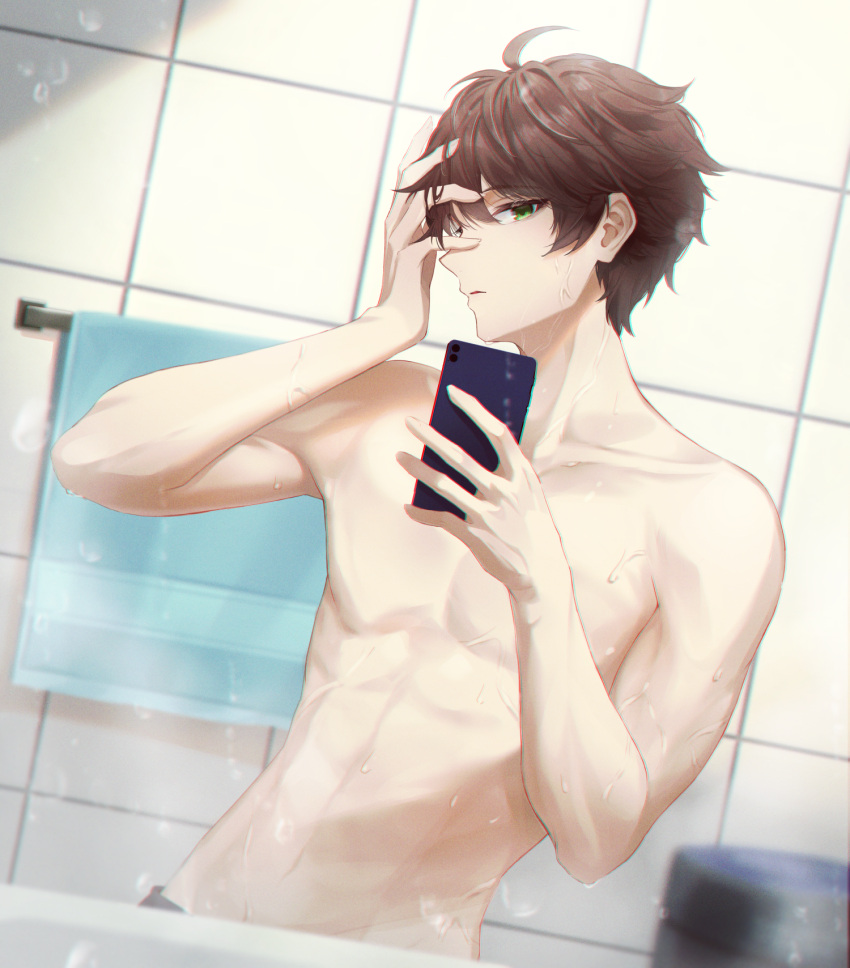 1boy cellphone ciawasemono collarbone commentary_request green_eyes hand_on_own_face highres holding holding_phone male_focus min_suha nijisanji nijisanji_kr phone smartphone solo tile_wall tiles toned toned_male topless_male towel towel_rack virtual_youtuber wet