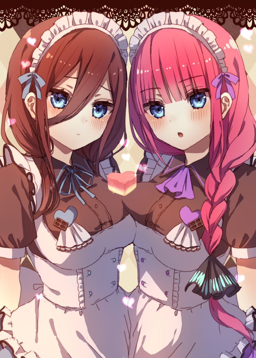 2girls alternate_costume apron asymmetrical_docking blue_eyes blue_ribbon blunt_bangs blush braid breast_press breasts brown_hair closed_mouth commentary enmaided food_on_body food_on_breasts frilled_apron frills go-toubun_no_hanayome hair_between_eyes highres large_breasts long_hair looking_at_viewer maid maid_headdress multiple_girls nakano_miku nakano_nino neck_ribbon parted_lips pink_hair puffy_short_sleeves puffy_sleeves ribbon short_sleeves siblings sisters twins white_apron xx_momomo_xx