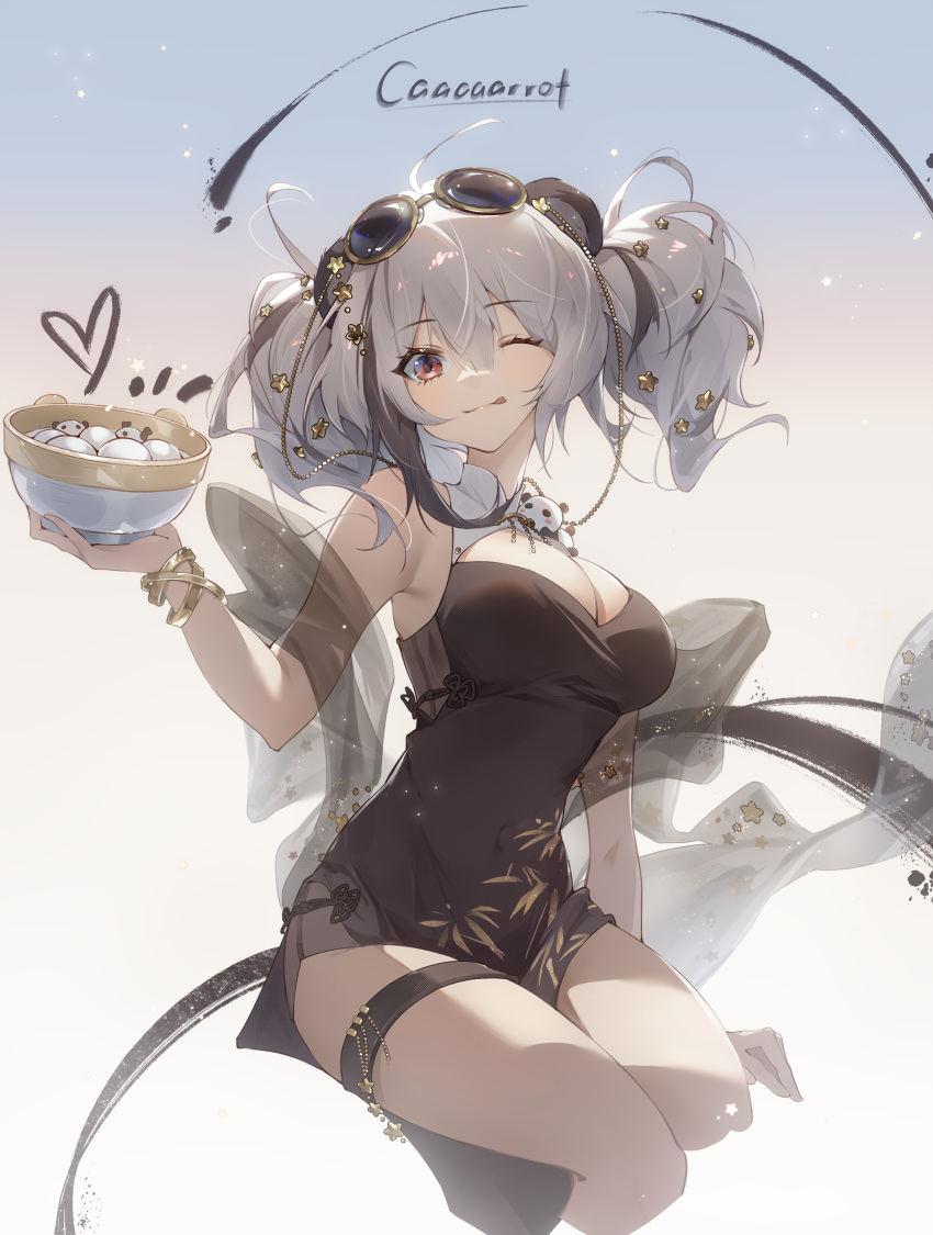 ;p absurdres ambience_synesthesia animal_ears arknights bare_shoulders bear_ears black_dress blush bowl bracelet breasts cleavage cleavage_cutout closed_mouth clothing_cutout commentary_request covered_navel cropped_legs dress eyewear_on_head feater_(arknights) female gradient_background grey_background grey_hair heart highres holding holding_bowl invisible_chair jewelry large_breasts long_hair multicolored_hair official_alternate_costume one_eye_closed panda red_eyes see-through shawl sitting smile solo streaked_hair sunglasses tongue tongue_out toto_(caaaaarrot) twintails two-tone_hair white_background