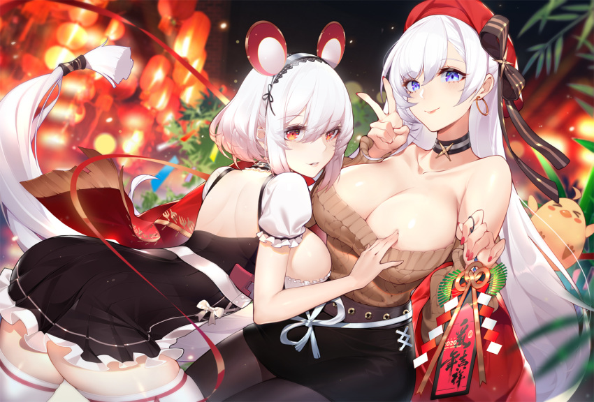 2girls aran_sweater azur_lane back_cutout bare_shoulders belfast_(azur_lane) belfast_(shopping_with_the_head_maid)_(azur_lane) belt beret black_dress black_skirt blue_eyes breasts brown_belt brown_sweater cable_knit calder choker cleavage closed_mouth clothing_cutout collarbone commentary_request dress earrings frilled_choker frilled_sleeves frills grin hair_between_eyes hair_ornament hairband hand_on_another's_chest hat hoop_earrings jewelry lace-trimmed_hairband lace_trim large_breasts long_hair looking_at_viewer maid manjuu_(azur_lane) miniskirt multiple_girls night night_sky off-shoulder_sweater off_shoulder official_alternate_costume orange_eyes pantyhose pencil_skirt photoshop_(medium) red_headwear red_ribbon ribbon short_hair short_sleeves sirius_(azur_lane) skirt sky smile sweater thighhighs thighs v very_long_hair white_hair