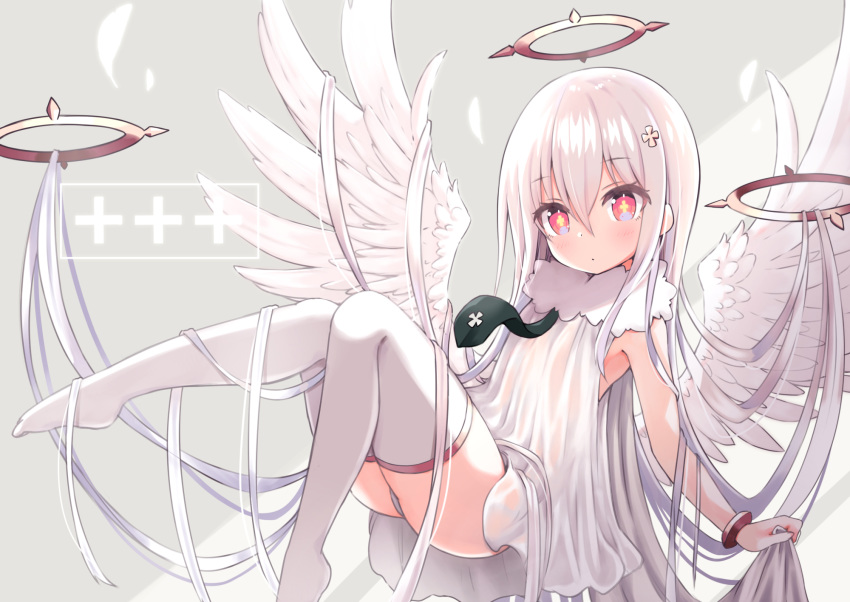 +_+ angel angel_wings ass bad_id bad_pixiv_id black_necktie commentary dress feathered_wings female grey_background hair_between_eyes halo highres knees_up long_hair necktie no_shoes original panties red_eyes siragagaga sleeveless sleeveless_dress solo thighhighs underwear very_long_hair white_dress white_hair white_panties white_thighhighs white_wings wings