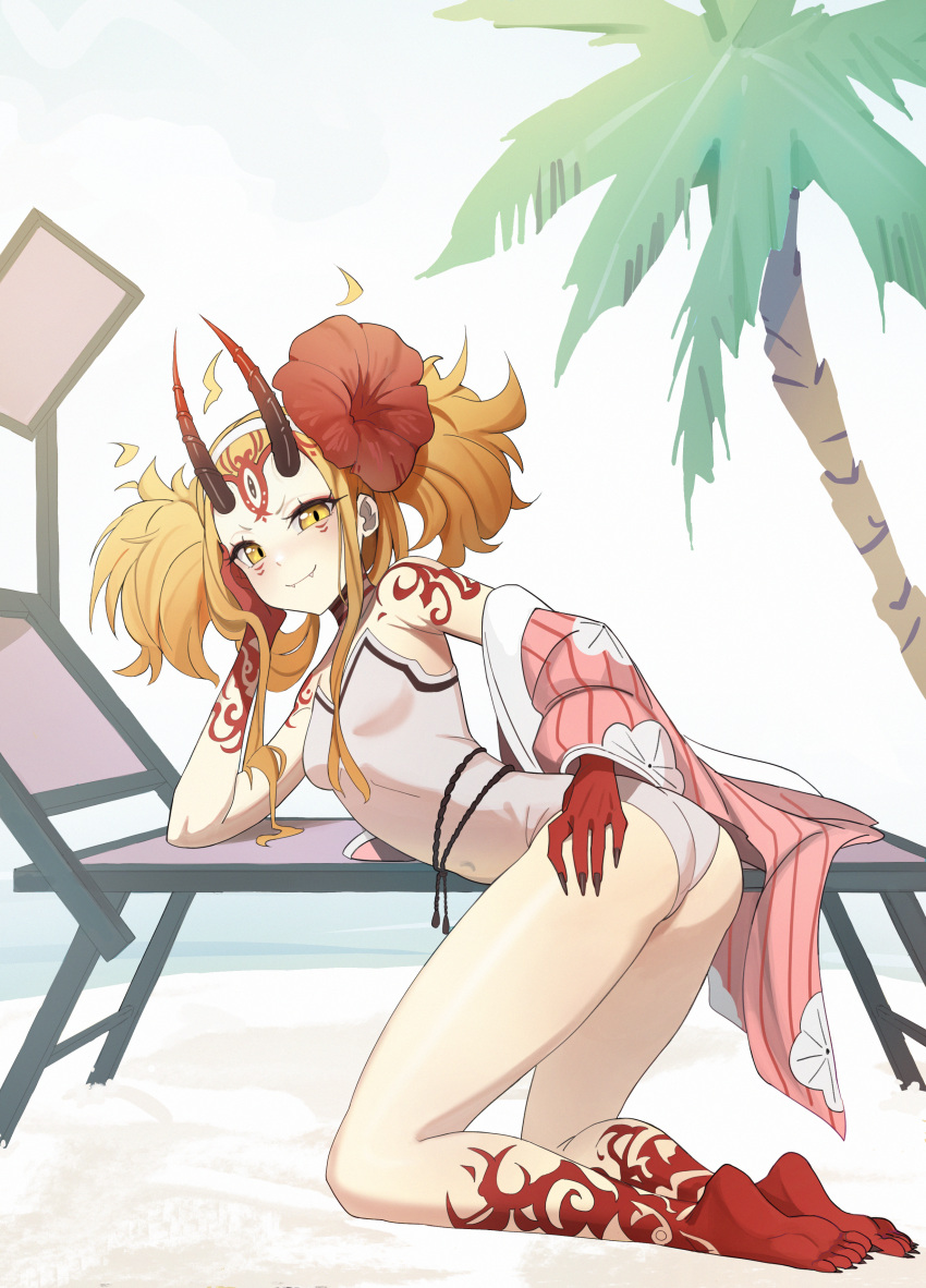 absurdres arm_support ass bare_shoulders barefoot beach beach_chair blonde_hair breasts colored_skin facial_mark fangs fate/grand_order fate_(series) feet female fingernails floral_print flower forehead_mark full_body hair_flower hair_ornament hairband hand_on_own_cheek hand_on_own_face hibiscus highres horns ibaraki_douji_(fate) ibaraki_douji_(swimsuit_lancer)_(fate) ibaraki_douji_(swimsuit_lancer)_(second_ascension)_(fate) japanese_clothes kimono kiritzugu kneeling long_fingernails looking_at_viewer one-piece_swimsuit oni oni_horns palm_tree pink_kimono red_flower red_skin sharp_fingernails sharp_toenails shore small_breasts smile smug soles solo swimsuit tattoo thighs third_eye toenails toes tree twintails unworn_kimono very_long_fingernails white_one-piece_swimsuit yellow_eyes