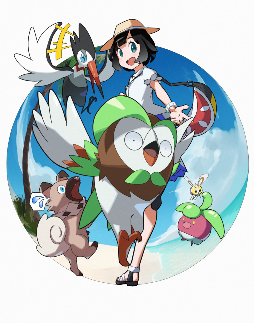 +++ :d alternate_costume bad_id bad_pixiv_id bag black_footwear black_hair bob_cut bounsweet bracelet cloud commentary_request cutiefly dartrix day eyelashes female food_print green_eyes hat highres jewelry kii_(kiiui) leg_up open_mouth outdoors palm_tree pokemon pokemon_(creature) pokemon_sm rockruff sand sandals selene_(pokemon) shirt shore short_hair short_sleeves sky smile teeth tongue tree trumbeak upper_teeth_only water watermelon_print white_shirt z-ring