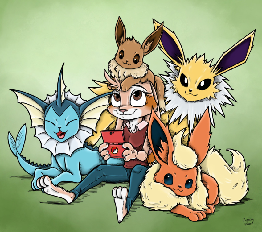 3_toes 4_fingers bad_guy_cafe blue_body blue_skin brown_body brown_eyes brown_fur crossover eevee eeveelution feet fingers flareon fur generation_1_pokemon group hi_res jolteon lagomorph leporid mammal nintendo ocerydia_zoona orange_body orange_fur pokemon pokemon_(species) rabbit tail tan_body tan_fur toes vaporeon yellow_body yellow_fur ziegelzeig