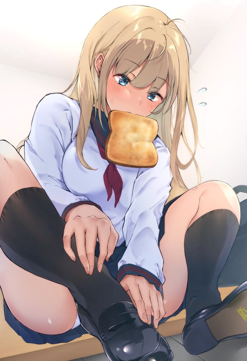 ahoge ass bad_id bad_twitter_id bag black_footwear black_socks blonde_hair blue_eyes blue_sailor_collar blue_skirt bread bread_slice commentary_request female food food_in_mouth highres indoors kneehighs loafers long_hair mouth_hold neckerchief original panties panty_peek pleated_skirt putting_on_shoes red_neckerchief sailor_collar school_bag school_uniform serafuku shirt shoes sidelocks signature sitting skirt socks solo spread_legs sweatdrop thighs toast toast_in_mouth underwear white_panties white_shirt yamakonbu