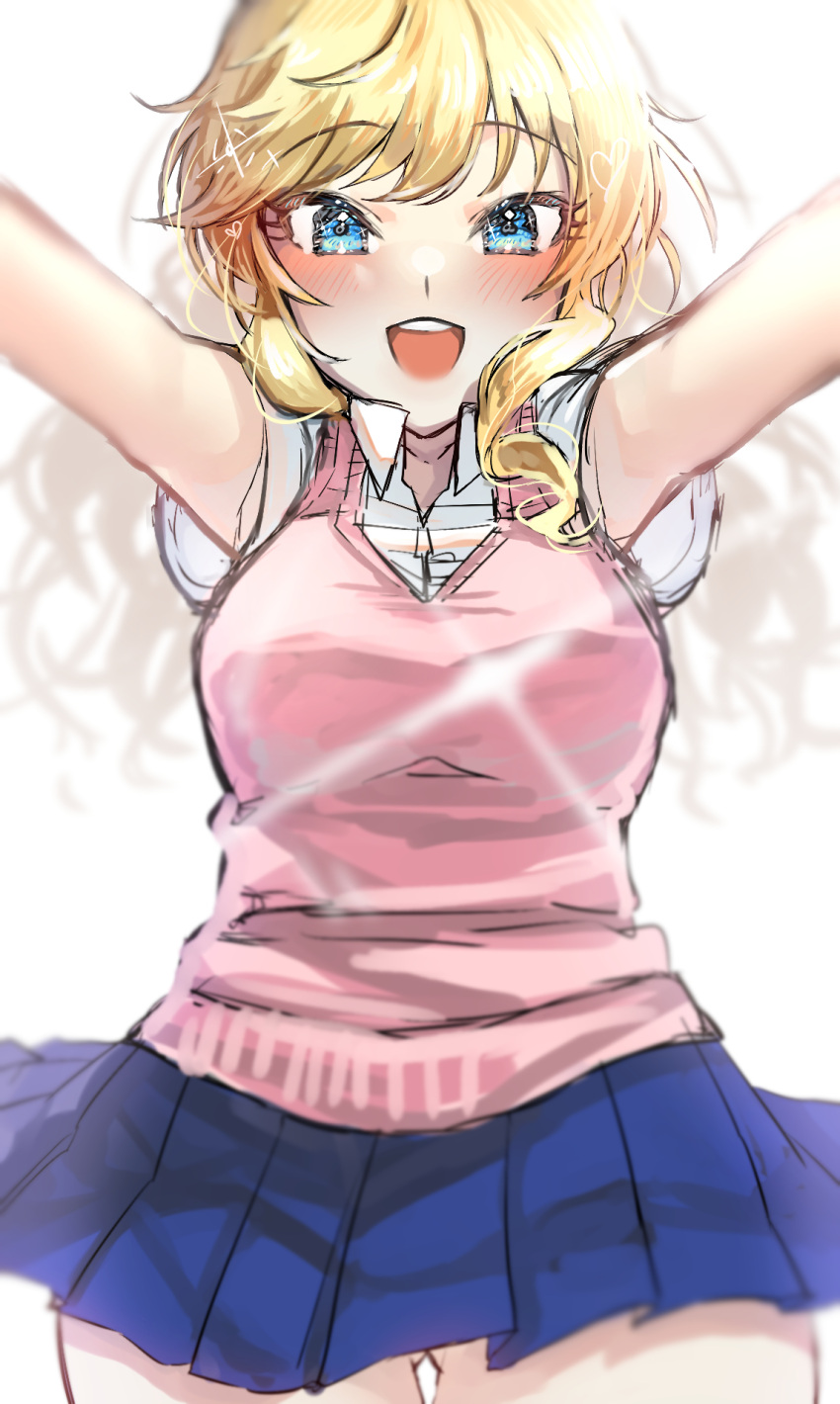 :d blonde_hair blue_eyes blue_skirt blurry blurry_background blush breasts collared_shirt cowboy_shot female fujima_(k114) highres idolmaster idolmaster_cinderella_girls large_breasts long_hair miniskirt ohtsuki_yui pink_vest pleated_skirt shirt short_sleeves skirt smile solo teeth upper_teeth_only vest white_shirt