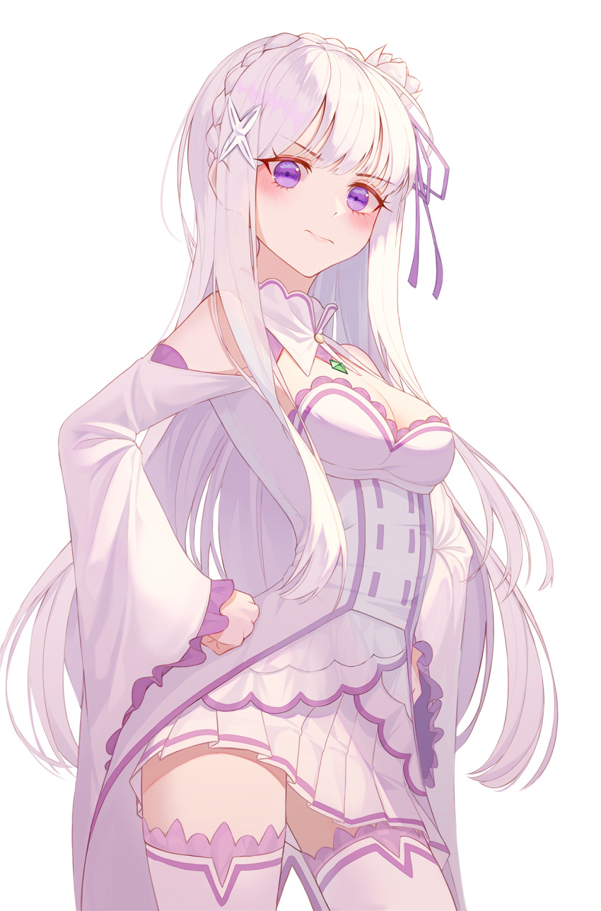 bad_id bad_pixiv_id bad_proportions blush braid breasts cleavage closed_mouth clothing_cutout collar cowboy_shot crown_braid daimi_94 detached_collar emilia_(re:zero) female floating_hair flower hair_flower hair_ornament hair_ribbon hand_on_own_hip highres jewelry long_hair looking_at_viewer medium_breasts miniskirt pendant pleated_skirt purple_eyes purple_ribbon re:zero_kara_hajimeru_isekai_seikatsu ribbon shoulder_cutout simple_background skirt solo standing thighhighs very_long_hair white_background white_collar white_flower white_hair white_skirt white_thighhighs x_hair_ornament zettai_ryouiki