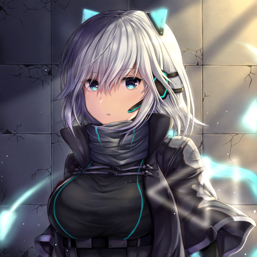 aqua_eyes black_jacket breasts buran_(22x) commentary_request crack cracked_wall female glowing grey_scarf hair_between_eyes headset highres icey icey_(game) jacket large_breasts light_particles looking_at_viewer open_clothes open_jacket parted_lips scarf short_hair short_sleeves solo tile_floor tiles underbust upper_body white_hair