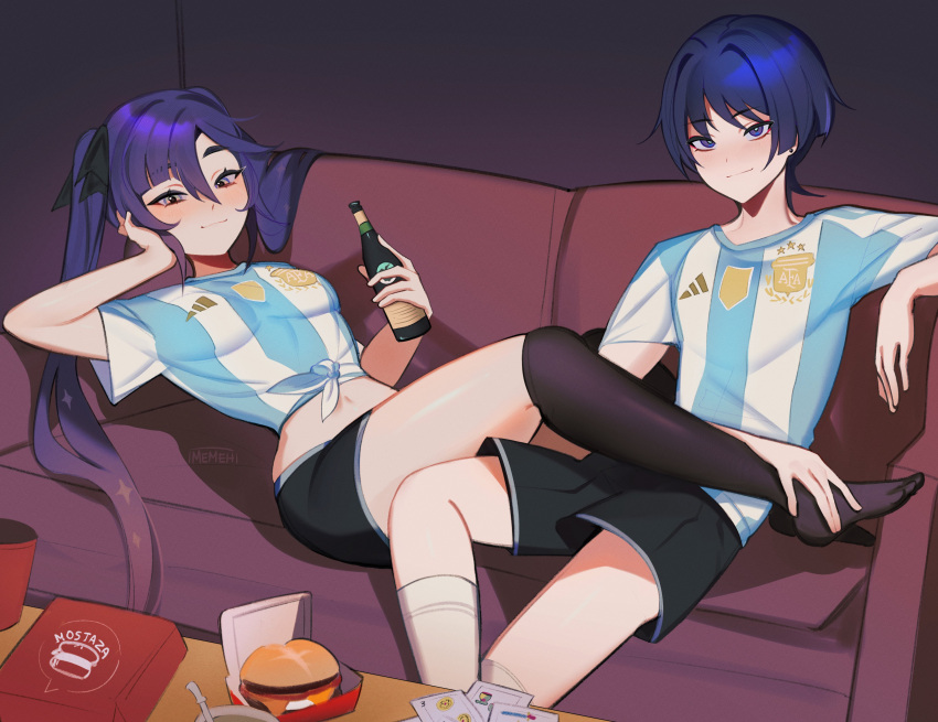 1boy absurdres argentinian_flag argentinian_flag_print asociacion_de_futbol_argentina black_hair black_shorts black_skirt black_thighhighs blunt_ends bottle burger couch female flag_print food genshin_impact highres holding holding_bottle jersey long_hair memeh mona_(genshin_impact) purple_eyes purple_hair scaramouche_(genshin_impact) shirt short_hair shorts skirt straight thighhighs twintails uno_(game)