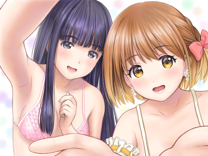 2girls akatsuki_clara armband bikini blunt_bangs bow bra breasts brown_hair collarbone dot_nose earrings frilled_armband frills gradient_hair hairbow happy hase_mikoto highres jewelry long_hair looking_at_viewer lower_teeth_only medium_breasts multicolored_hair multiple_girls open_mouth palette_project pink_bikini purple_eyes purple_hair selfie smile swept_bangs swimsuit teeth underwear upper_body yellow_eyes yug_(ekaki)