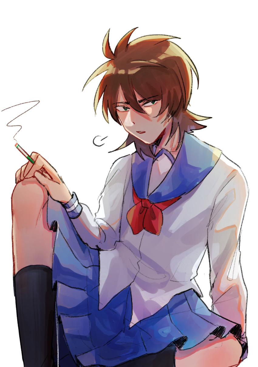 1boy absurdres black_socks blue_sailor_collar blue_skirt brown_hair cigarette crossdressing green_eyes highres holding holding_cigarette isoi_reiji long_sleeves male_focus medium_hair miniskirt neckerchief open_mouth pleated_skirt red_neckerchief saibou_shinkyoku sailor_collar sanpaku school_uniform serafuku shirt simple_background skirt socks solo untucked_shirt white_background white_shirt xingmao