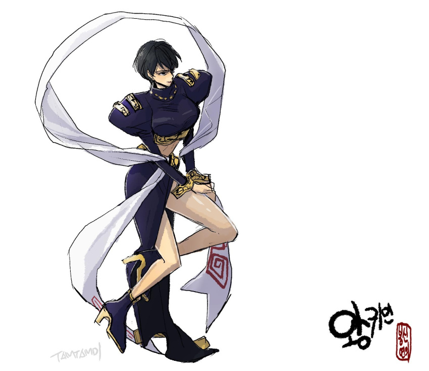 black_eyes black_footwear black_hair black_skirt breasts earrings female full_body high_heels highres houshin_engi jewelry juliet_sleeves large_breasts long_sleeves midriff ou_kijin puffy_sleeves short_hair simple_background skirt solo tamtamdi white_background