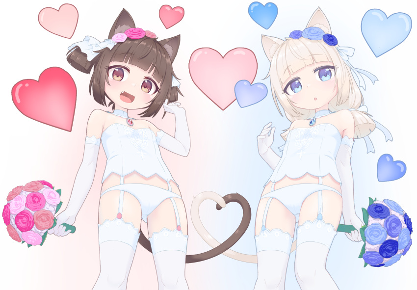 2girls :d :o aged_down animal_ear_fluff animal_ears arm_at_side ass_visible_through_thighs bare_shoulders blue_eyes blunt_bangs bouquet brooch brown_eyes cat_ears cat_girl cat_tail chinese_commentary chocola_(nekopara) commentary_request detached_collar elbow_gloves flat_chest flower garter_straps gloves hair_flower hair_ornament hair_ribbon hand_up heart heart_tail_duo highres holding holding_bouquet jewelry keven_(ewdx3754) looking_at_viewer low_twintails medium_hair multiple_girls nekopara oerba_yun_fang open_mouth panties ribbon short_hair siblings simple_background sisters smile tail thighhighs twintails two_side_up underwear vanilla_(nekopara) white_background white_garter_straps white_gloves white_panties white_ribbon white_thighhighs