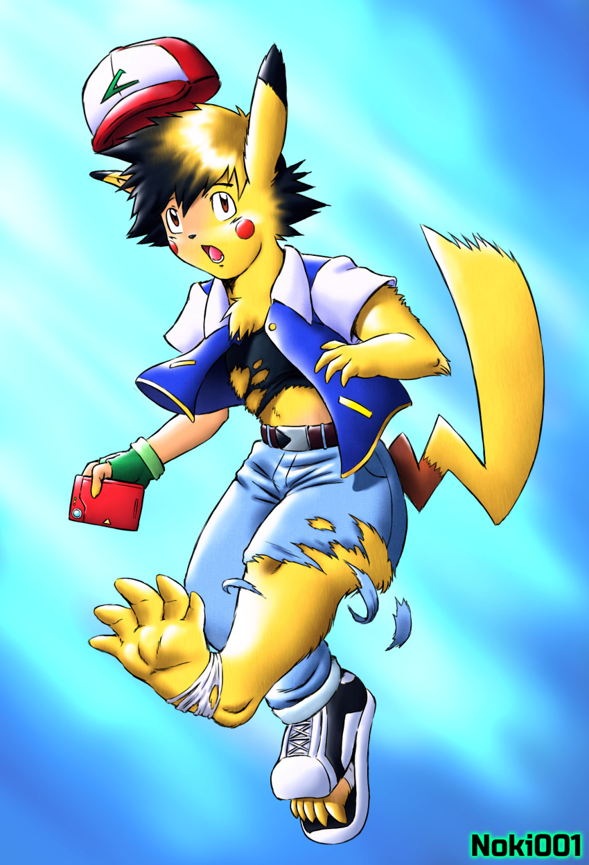 ambiguous_gender blue_background bottomwear clothing denim denim_bottomwear denim_clothing fur generation_1_pokemon hat headgear headwear hi_res jeans nintendo noki001 pants pikachu pokedex pokemon pokemon_(species) satoshi_(pokemon) simple_background solo surprised_expression tail torn_clothing torn_shoes transformation yellow_body yellow_fur