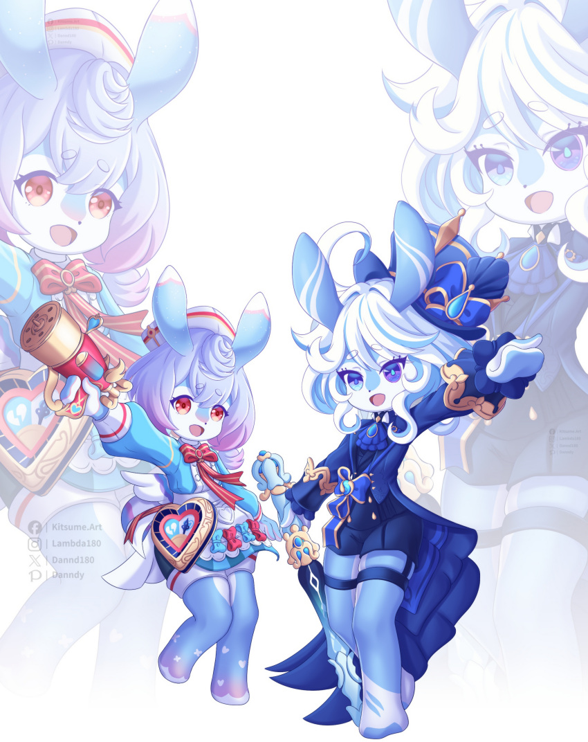 2girls :d absurdres ahoge alternate_species animal_ears apron aqua_bow ascot blue_ascot blue_bow blue_dress blue_eyes blue_gemstone blue_hair blue_hat blue_jacket bow bowtie commentary danndy dress drop-shaped_pupils english_commentary furina_(genshin_impact) furrification furry gem genshin_impact gradient_hair gun hand_up hat hat_bow heterochromia highres holding holding_gun holding_weapon jacket kodona light_blue_hair lolita_fashion long_sleeves looking_at_viewer melusine_(genshin_impact) multicolored_hair multiple_girls nurse_cap pink_hair red_bow red_bowtie red_eyes sigewinne_(genshin_impact) smile splendor_of_tranquil_waters_(genshin_impact) streaked_hair symbol-shaped_pupils thighs top_hat two-tone_hair vision_(genshin_impact) weapon white_apron white_background white_hair zoom_layer