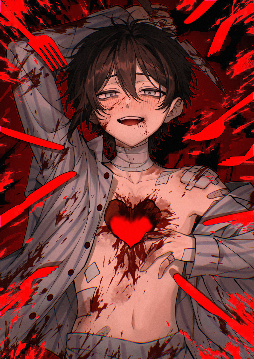 1boy absurdres bandaged_neck bandages bandaid bandaid_on_hand black_hair blood blood_on_clothes blood_on_face blood_on_stomach blush collarbone fork gauze_on_shoulder grey_eyes guro hair_between_eyes hand_up heart highres holding holding_knife knife male_focus nanin navel open_clothes open_shirt original pants parted_lips shirt short_hair smile solo striped_clothes teeth upper_body upper_teeth_only white_pants white_shirt