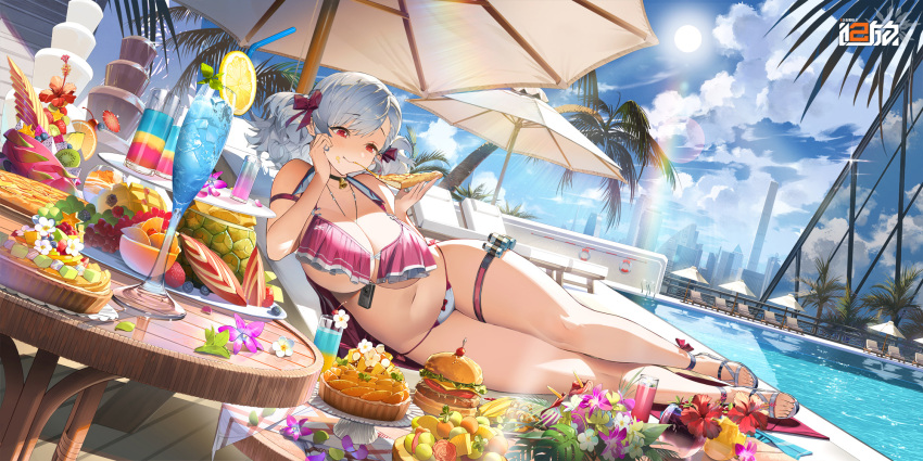 beach_umbrella bell bikini blue_sky bow breasts burger chair chinese_commentary chocolate_fountain cityscape cleavage closed_mouth cloud cloudy_sky cocktail cocktail_umbrella commentary_request copyright_name drinking_straw eating female flower food food_on_face fruit full_body girls'_frontline girls'_frontline_2:_exilium grapes grey_hair hairbow highres holding holding_food holding_pizza ice ice_cube jewelry large_breasts lemon lemon_slice lifebuoy logo lounge_chair lying navel neck_bell necklace official_alternate_costume official_art on_side outdoors pie pink_bikini pink_bow pizza pizza_slice plump pool purple_flower red_eyes shoes sky smile solo spas-12_(girls'_frontline) stomach sun swim_ring swimsuit toeless_footwear twintails two-tone_bikini umbrella white_bikini white_flower