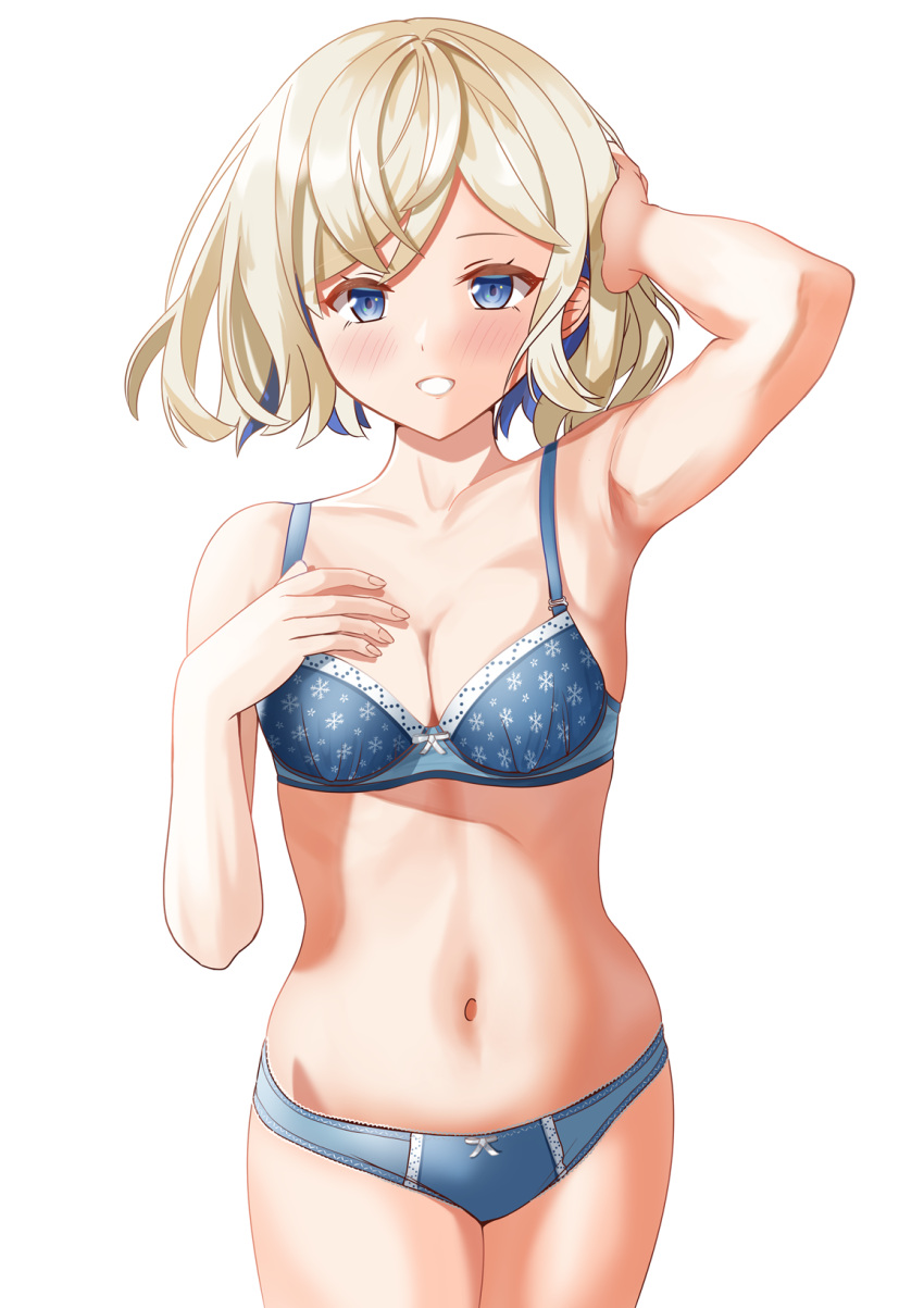 blonde_hair blue_bra blue_eyes blue_hair blue_panties bra breasts colored_inner_hair cowboy_shot female gloire_(kancolle) highres kantai_collection medium_breasts multicolored_hair navel panties short_hair simple_background smile solo standing underwear underwear_only white_background zuki