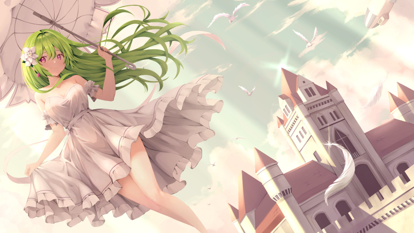 absurdres bird blue_sky breasts castle cleavage closed_mouth cloud dress dutch_angle feathers feet_out_of_frame female floating_hair flower frilled_dress frills green_hair hair_flower hair_ornament highres holding holding_umbrella large_breasts long_hair looking_to_the_side mocha_(osu!) osu! parasol pink_eyes revision short_dress sideways_glance skirt_hold sky smile solo split_mouth standing strapless strapless_dress umbrella vio_(osu!_player) white_dress white_feathers white_flower white_umbrella