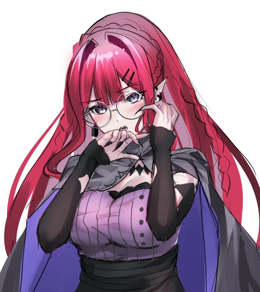 baobhan_sith_(fate) baobhan_sith_(swimsuit_pretender)_(fate) baobhan_sith_(swimsuit_pretender)_(second_ascension)_(fate) blush breasts capelet detached_sleeves earrings fate/grand_order fate_(series) female glasses grey_capelet grey_eyes gyoza_(pi512126) hands_up highres jewelry long_hair long_sleeves looking_at_viewer open_mouth pink_hair pointy_ears purple_shirt round_eyewear shirt sidelocks solo upper_body white_background