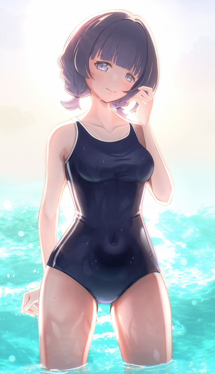 absurdres backlighting black_hair black_one-piece_swimsuit blue_eyes braid breasts cleavage covered_navel female gakuen_idolmaster hataya_misuzu highres idolmaster looking_at_viewer low_twintails medium_breasts mole mole_under_mouth one-piece_swimsuit school_swimsuit scopedog_12 short_hair solo standing swimsuit twintails water