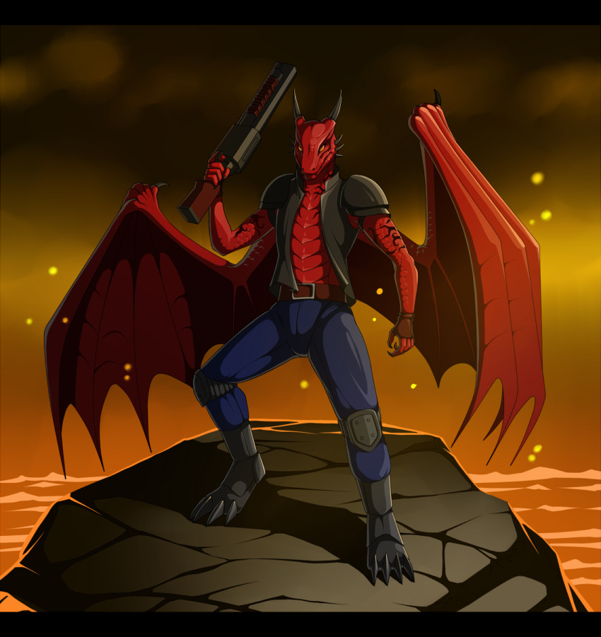 2017 anthro armor belt biped black_bars boots bottomwear claws clothed clothing cygnis_flayinthere denim denim_bottomwear denim_clothing digital_media_(artwork) doom_(series) dragon footwear front_view gloves gun guncaster handwear hi_res holding_gun holding_object holding_ranged_weapon holding_weapon horn id_software jacket jeans knee_pads legwear letterbox male membrane_(anatomy) membranous_wings microsoft mythological_creature mythological_scalie mythology orange_eyes outside pants ranged_weapon red_body red_scales scales scalie shotgun shoulder_pads solo standing topwear victoriadaedra water weapon wings