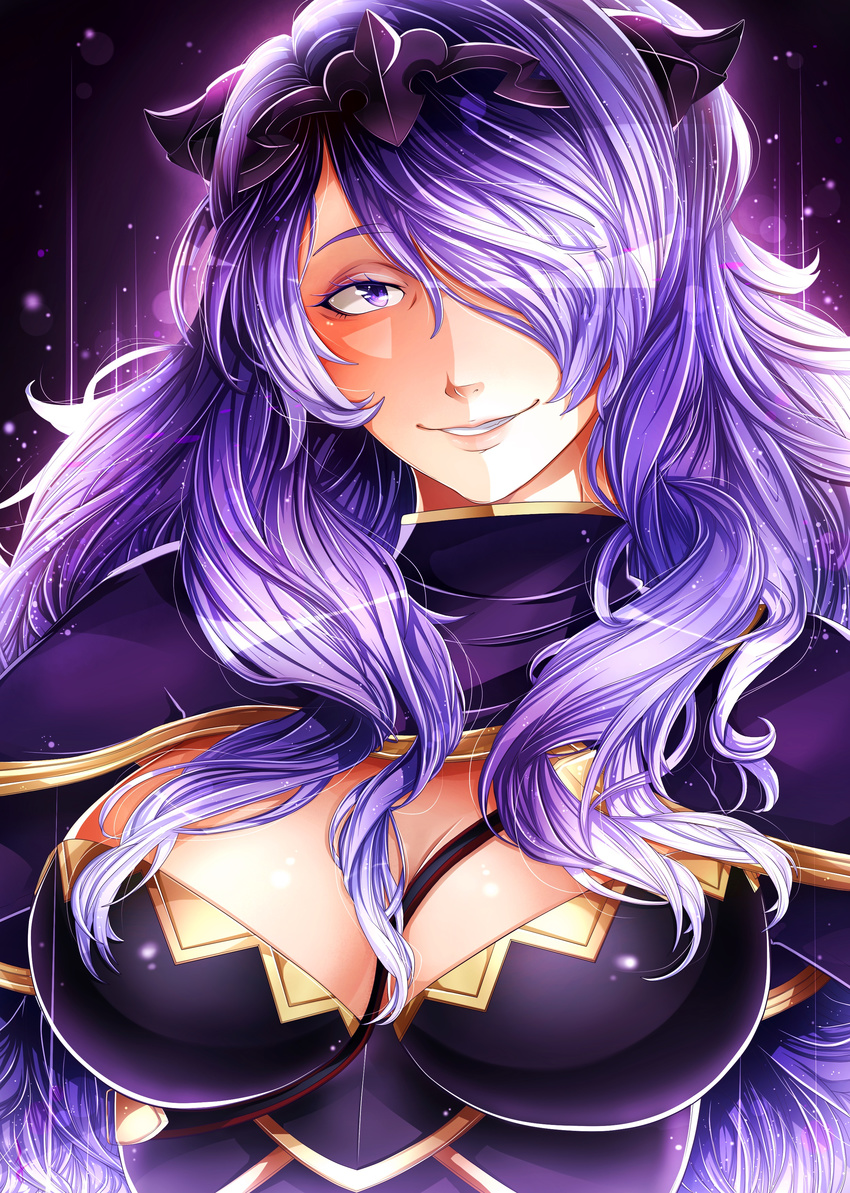 absurdres armor black_armor breasts camilla_(fire_emblem) capelet commentary_request female fire_emblem fire_emblem_fates highres invidiata large_breasts lips long_hair purple_hair shiny_clothes shiny_skin solo strap tiara