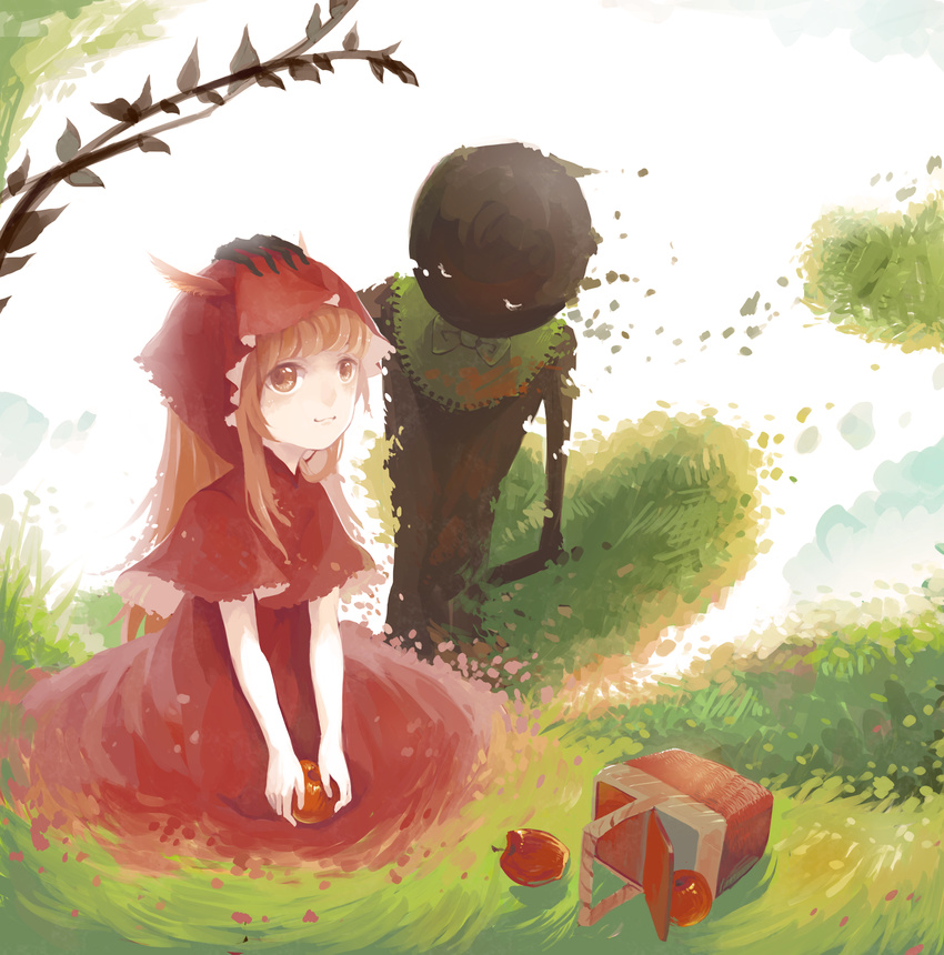 absurdres alice_(deemo) apple basket capelet commentary_request cosplay deemo deemo_(character) dress fable_(deemo) female food fruit grimm's_fairy_tales hand_on_another's_head highres hood little_red_riding_hood little_red_riding_hood_(grimm) little_red_riding_hood_(grimm)_(cosplay) nature photoshop_(medium) shokujin_hatefukuchuu