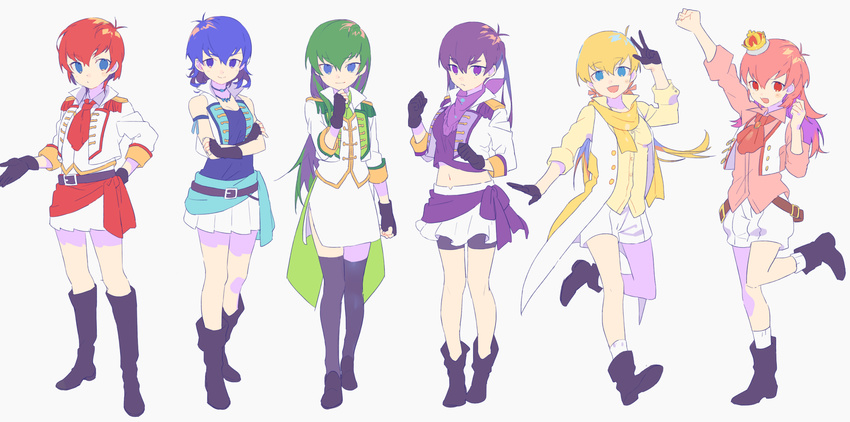 :d ankle_boots armlet bad_id bad_pixiv_id bangs belt bike_shorts black_footwear black_legwear blonde_hair blue_eyes blue_hair boots bow choker crop_top crown epaulettes f6 fingerless_gloves fist_pump full_body genderswap_(mtf) gloves green_hair hair_between_eyes hair_ribbon hairbow hand_on_hip hand_on_own_chin heiwa_(murasiho) highres jacket jewelry knee_boots leg_up long_hair low_twintails matsuno_choromatsu matsuno_ichimatsu matsuno_juushimatsu matsuno_karamatsu matsuno_osomatsu matsuno_todomatsu midriff mini_crown multiple_girls navel neckerchief necklace open_clothes open_jacket open_mouth open_vest osomatsu-kun osomatsu-san pleated_skirt purple_eyes purple_hair red_eyes red_hair ribbon rule_63 salute sash scarf sextuplets short_hair shorts siblings side_slit simple_background sisters skirt smile standing suspenders thighhighs twintails vest wavy_hair white_background