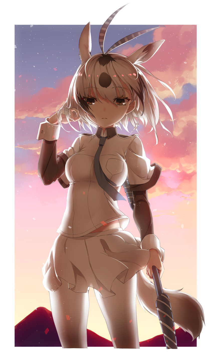 animal_ears antenna_hair arabian_oryx_(kemono_friends) backlighting bad_id bad_pixiv_id black_necktie breasts brown_eyes brown_hair closed_mouth cloud commentary extra_ears female frown gazelle_ears hair_between_eyes hand_in_own_hair highres holding holding_weapon horn_lance kemono_friends long_sleeves looking_at_viewer medium_breasts multicolored_hair necktie neko7 outdoors pantyhose photoshop_(medium) shirt skirt sky solo standing sunset two-tone_hair weapon white_pantyhose white_shirt white_skirt wind wrist_cuffs