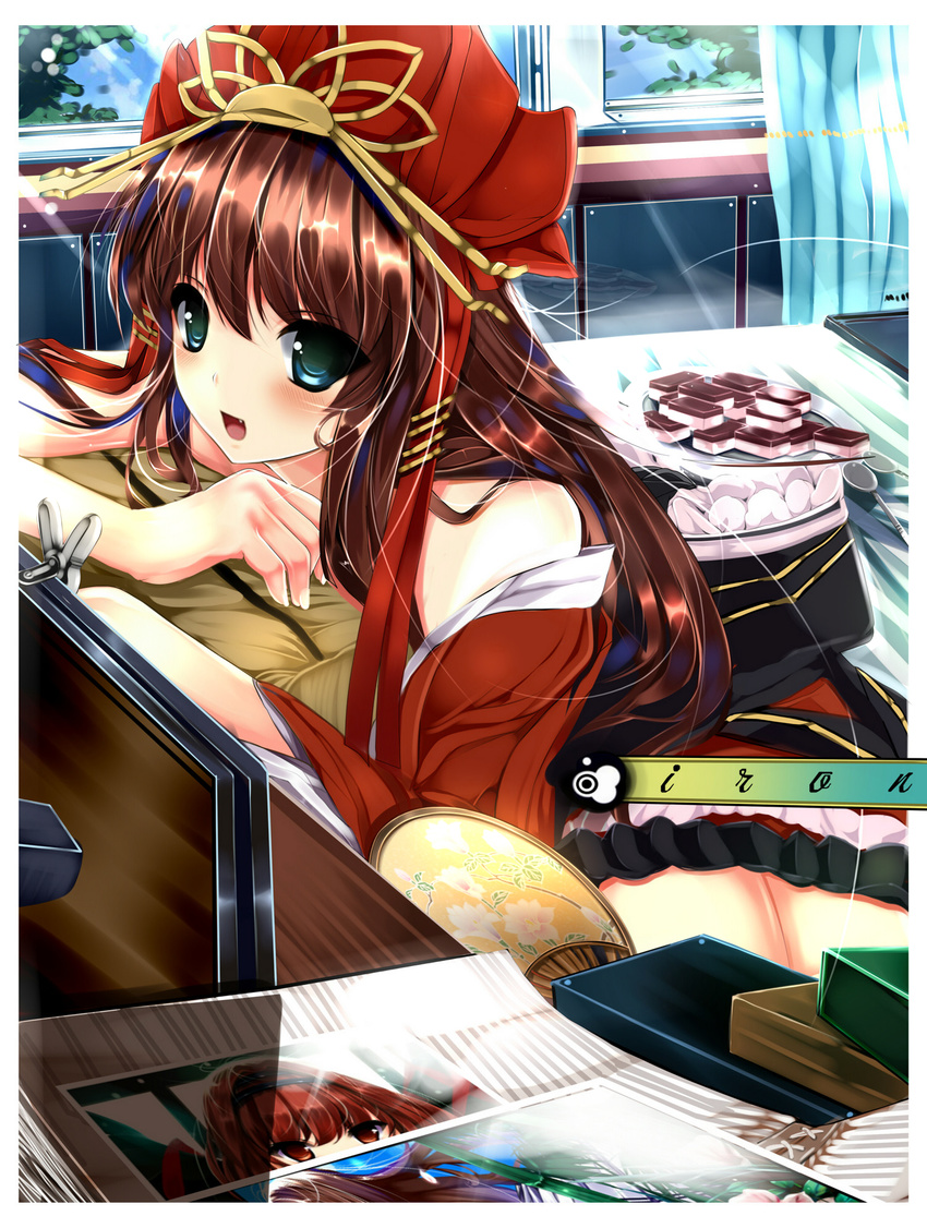 :d blush commentary_request curtains desk female hand_fan hat highres indoors iron_(huyiyang) looking_at_viewer misaki_kurehito_(style) open_mouth original red_hat smile solo spoon table tassel upper_body window