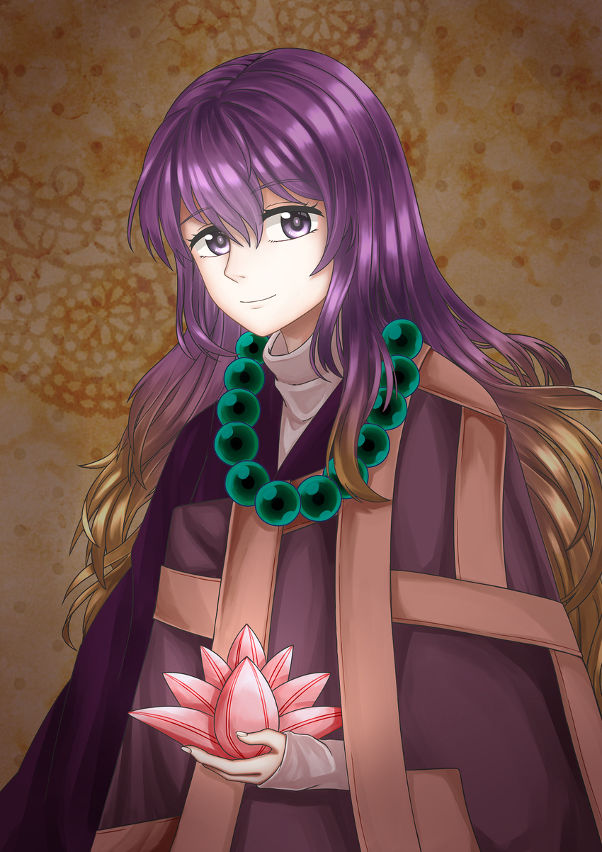 alternate_costume beads brown_hair closed_mouth commentary_request female gradient_hair hair_between_eyes highres hijiri_byakuren long_hair long_sleeves looking_at_viewer multicolored_hair prayer_beads purple_eyes purple_hair smile solo touhou upper_body vermeith