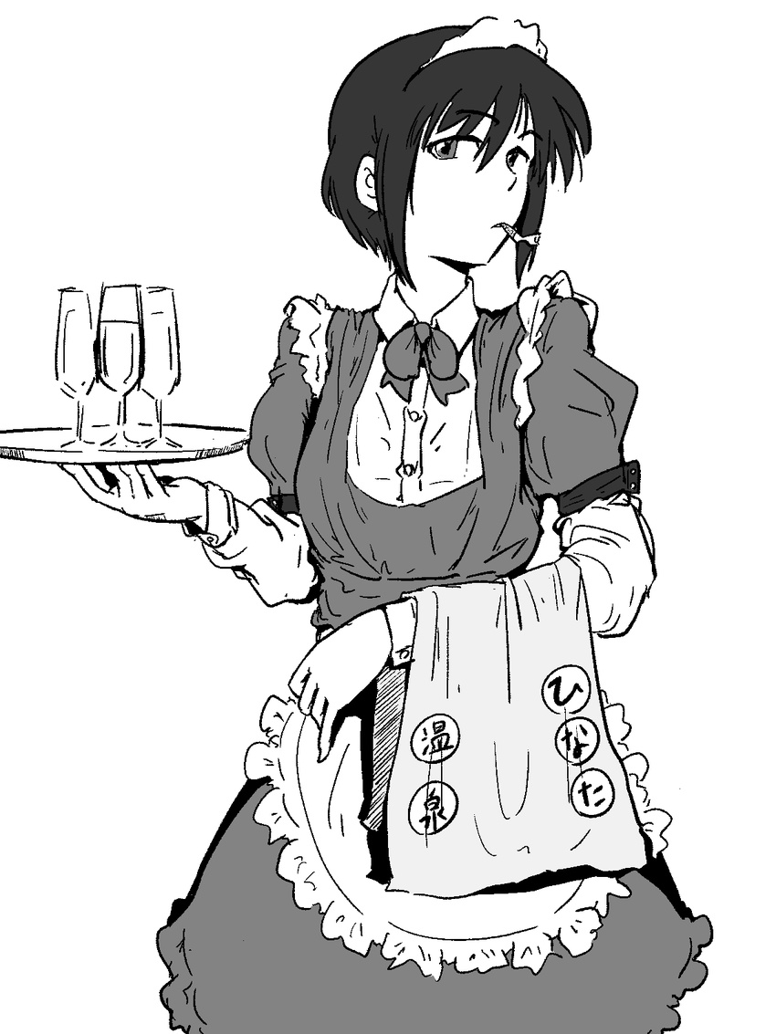 alternate_costume apron champagne_flute cigarette commentary_request cup drinking_glass enmaided female greyscale highres love_hina maid maid_headdress monochrome nataenist short_hair smoking solo tray urashima_haruka waist_apron