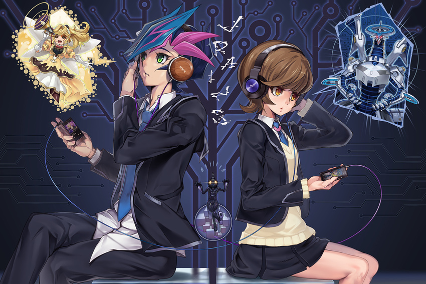 1boy ai_(yu-gi-oh!) back-to-back black_hair black_pants black_skirt blazer blue_hair blue_necktie brown_hair cardigan commentary_request duel_monster female firewall_dragon fujiki_yusaku green_eyes headphones jacket lazward long_sleeves multicolored_hair necktie non-humanoid_robot open_clothes open_jacket orange_eyes pants parted_lips photoshop_(medium) pink_hair robot robot_dragon school_uniform sitting skirt swept_bangs trickstar_candina yu-gi-oh! yu-gi-oh!_vrains zaizen_aoi